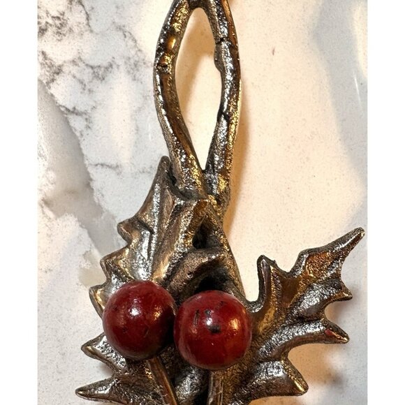 Mud Pie Holly Salad Server Set Of 2  Spoon and Fork Red Berries Heavy Metal 13” - Picture 2 of 6